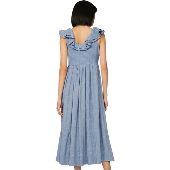 Hatch Sarah Maternity Dress Blue Smocked Ruffle Midi Cotton Elegant Size 0 (XS) - Picture 2 of 8